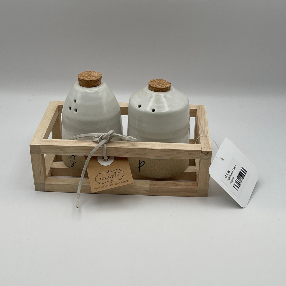 Mud Pie Ceramic Salt and Pepper Shaker Set with Wood Crate Caddy White Tan New